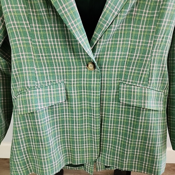 Vici Green Pink Plaid Mid Length Blazer Jacket One Button Medium - Picture 3 of 12
